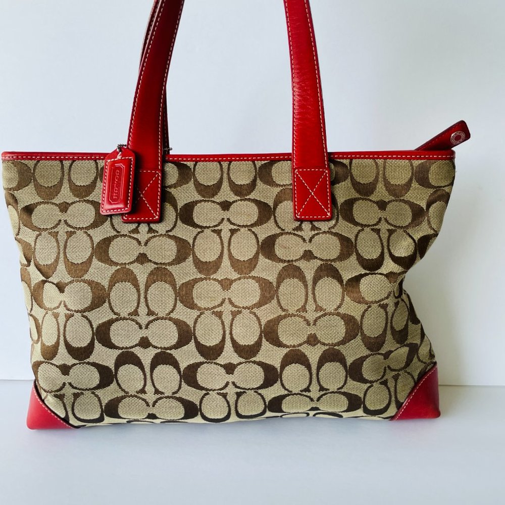 Coach Signature Tan and Red Leather Handbag Tote - Picture 6 of 8